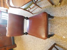 VICTORIAN GOTHIC OAK DINING CHAIR WITH BROWN LEATHERETTE UPHOLSTERED SEAT AND BACK ON BARLEY TWIST