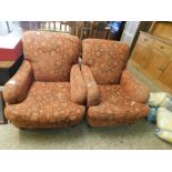 PAIR OF MODERN CLUB CHAIRS WITH CORAL AND GOLD UPHOLSTERY