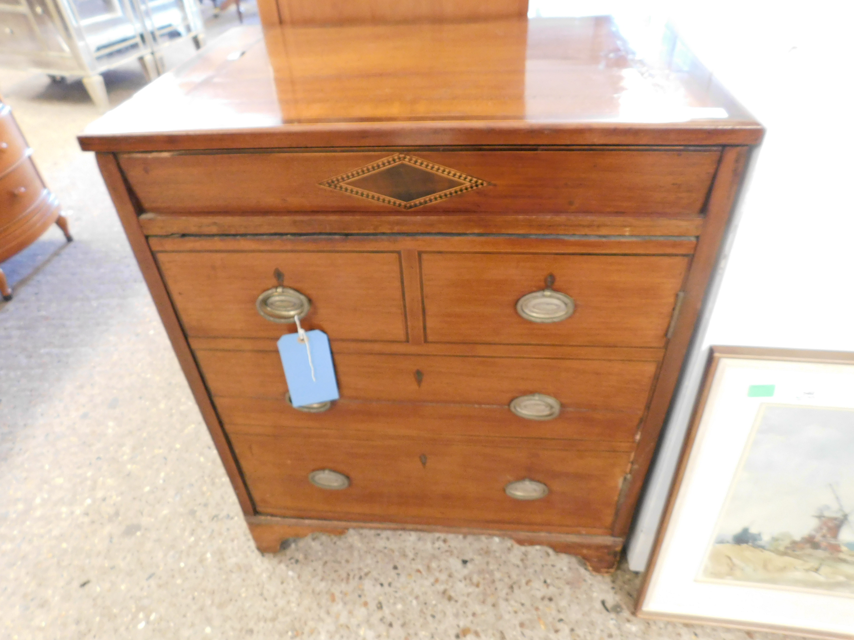 19TH CENTURY MAHOGANY AND INLAID WASH CUPBOARD WITH LIFT UP TOP