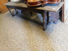 GOOD QUALITY MODERN OAK LONG STOOL WITH CARVED FREEZE ON TURNED SUPPORTS