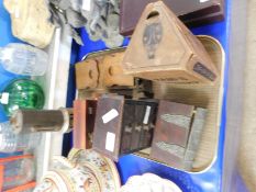 TRAY CARBOARD CASED JOHN HAIG WHISKY DECANTER TOGETHER WITH A BOOK SLIDE, SMALL FOUR DRAWER CHEST