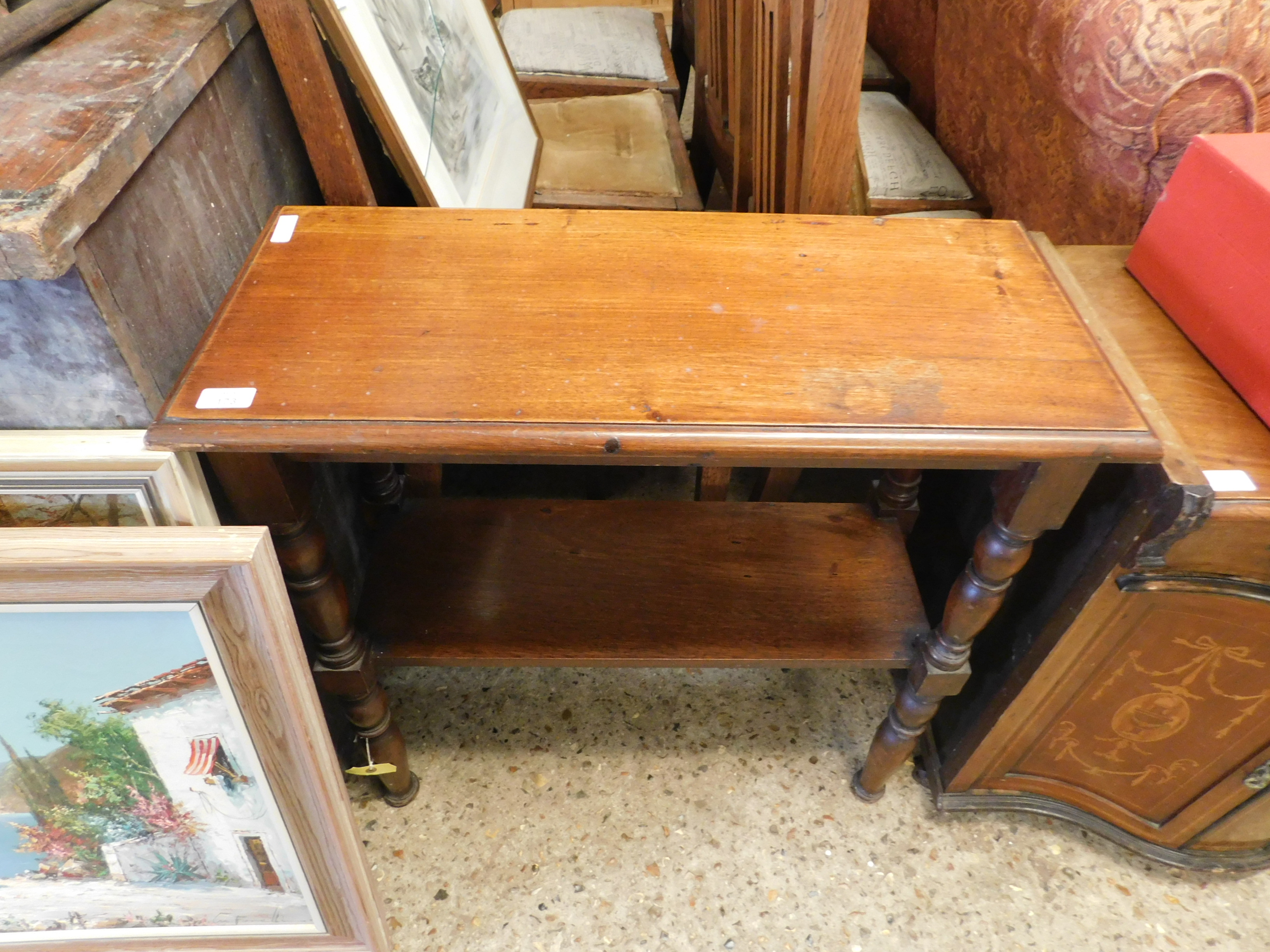 MAHOGANY FRAMED TWO TIER STAND ON TURNED SUPPORTS