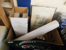 BOX CONTAINING BINOCULAR, PRINTS, ORNAMENTS ETC