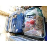 BASKET QTY OF TY SOFT TOYS AND A FURTHER BOX OF BOXED JIGSAW PUZZLES ETC