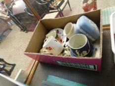 BOX OF WEDGEWOOD JASPER WARES, COFFEE CAN AND SAUCER ETC