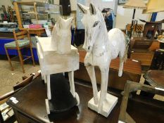 MODERN WHITE WASHED PULL ALONG HORSE TOGETHER WITH A FURTHER MODEL OF A HORSE ON A PLINTH (2)