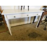 WHITE WOOD THREE DRAWER SIDE TABLE ON TAPERING SQUARE LEGS