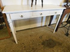 WHITE WOOD THREE DRAWER SIDE TABLE ON TAPERING SQUARE LEGS