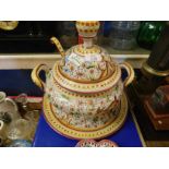 20TH CENTURY ITALIAN POTTERY COVERED TWO-HANDLED SOUP TUREEN AND STAND, WITH LADLE, 33CM HIGH