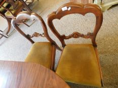 PAIR OF VICTORIAN MAHOGANY BALLOON BACK DINING CHAIRS WITH TURNED FRONT LEGS AND YELLOW DRAYLON DROP