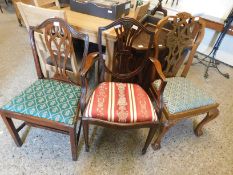 MAHOGANY FRAMED SHIELD BACK ARMCHAIR TOGETHER WITH A FURTHER MAHOGANY SPLAT BACK DINING CHAIR WITH