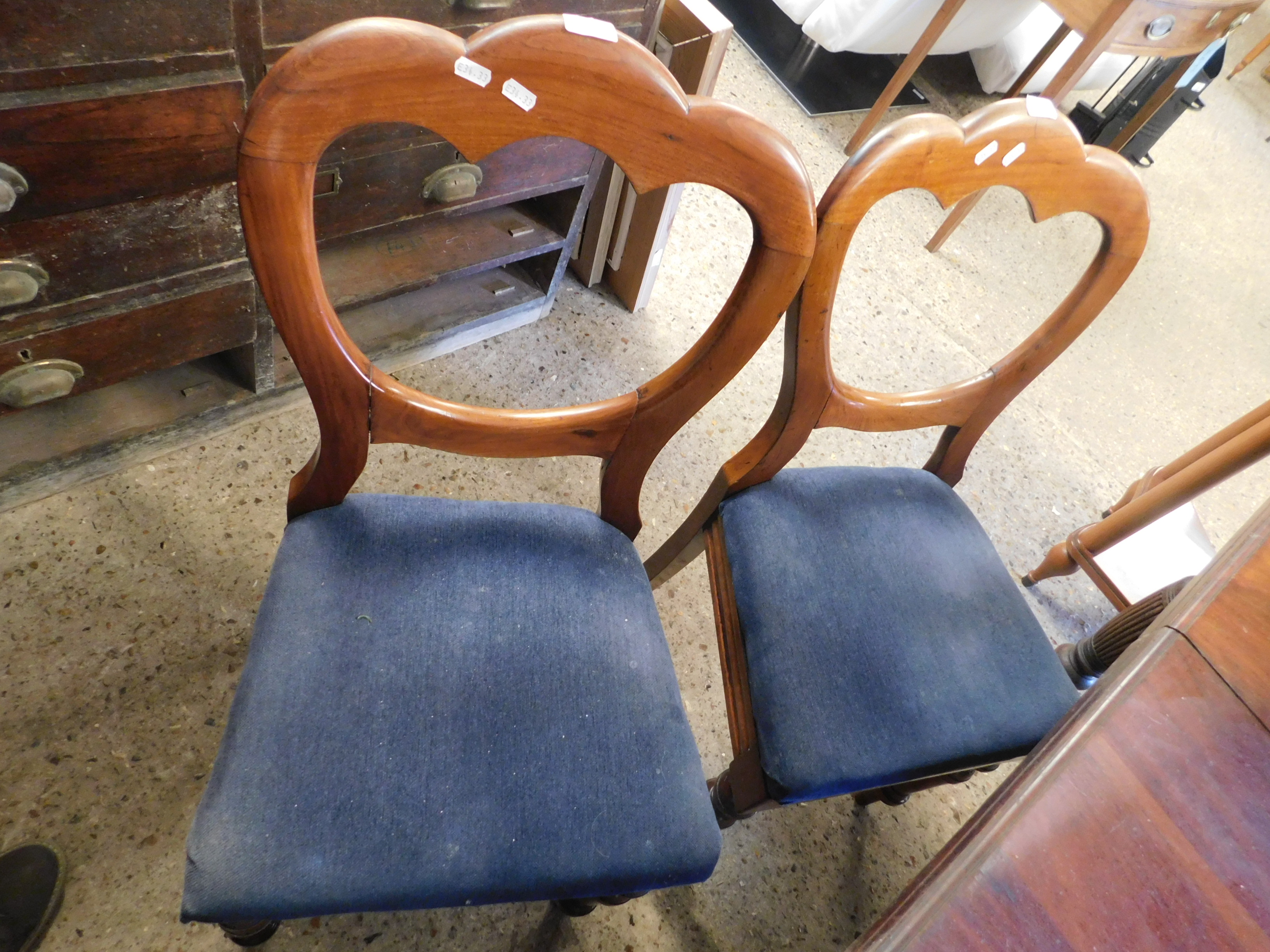 SET OF FOUR MAHOGANY BALLOON BACK DINING CHAIRS WITH BLUE DRAYLON UPHOLSTERED SEATS (4)