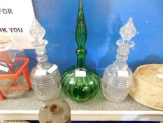 GREEN GLASS DECANTER TOGETHER WITH A PAIR OF EARLY 20TH CENTURY DECANTERS (AF)