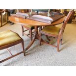 REPRO MAHOGANY TWIN PEDESTAL DINING TABLE WITH TWO EXTRA LEAVES TOGETHER WITH A SET OF FOUR SHIELD