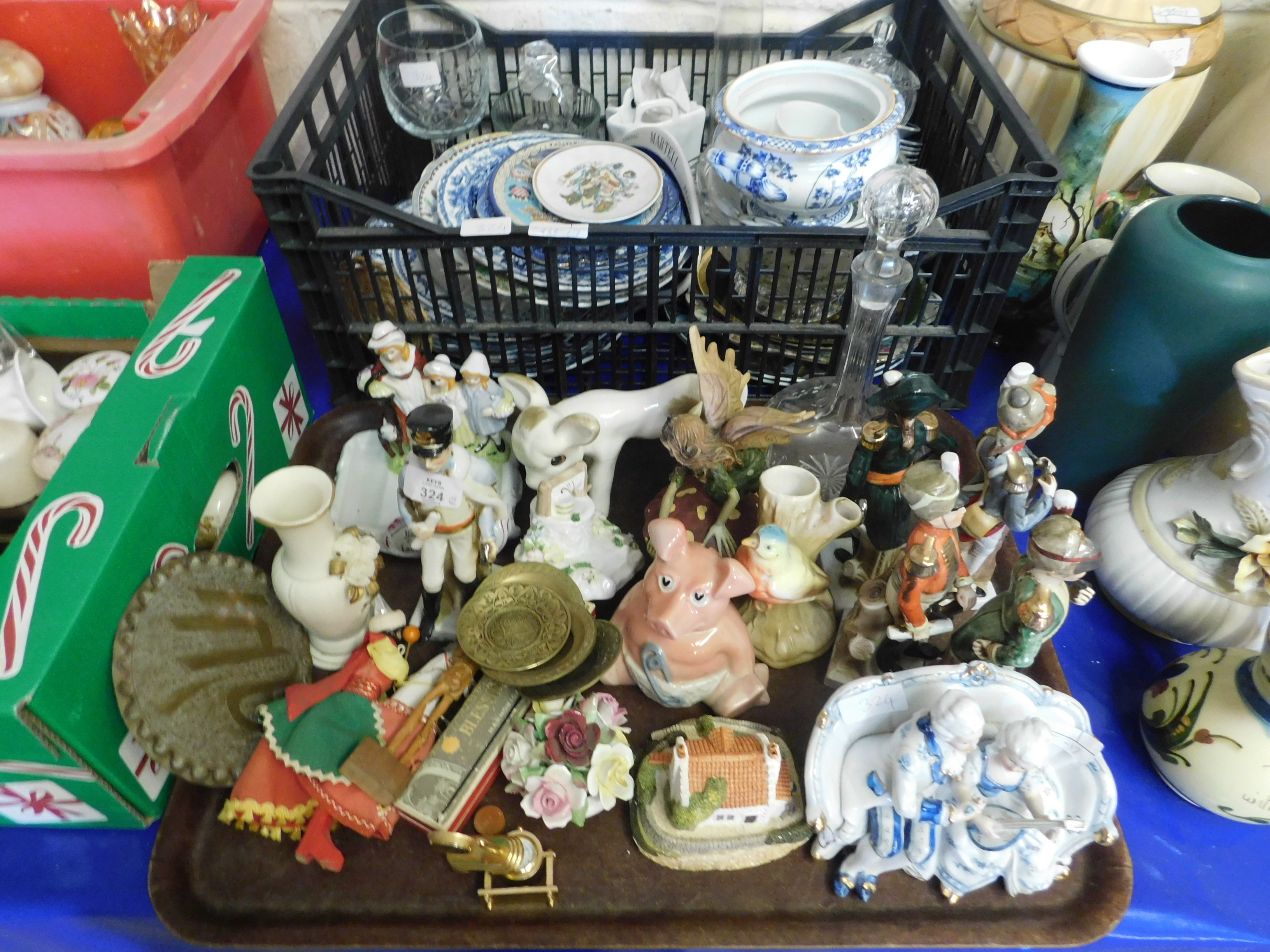 TWO TRAY MIXED BLUE AND WHITE PRINTED PLATES, ORNAMENTS, DECANTER ETC