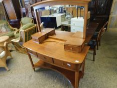 BEECHWOOD FORMED MIRROR BACK DRESSING CHEST FITTED WITH THREE DRAWERS AND OPEN SHELF WITH TURNED