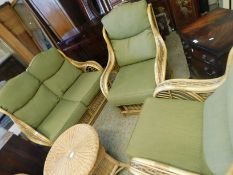 BAMBOO AND WICKER THREE PIECE CONSERVATORY SUITE WITH GREEN UPHOLSTERED CUSHIONS