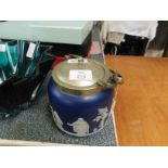 WEDGWOOD BLUE JASPER BISCUIT BARREL WITH SILVER PLATED LID AND SWING HANDLE