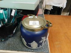 WEDGWOOD BLUE JASPER BISCUIT BARREL WITH SILVER PLATED LID AND SWING HANDLE