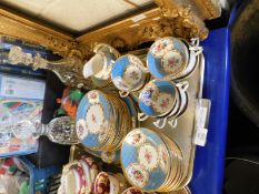 TRAY ENGLISH BLUE GILT AND FLORAL PANELLED TEA WARES TOGETHER WITH TWO GLASS DECANTERS