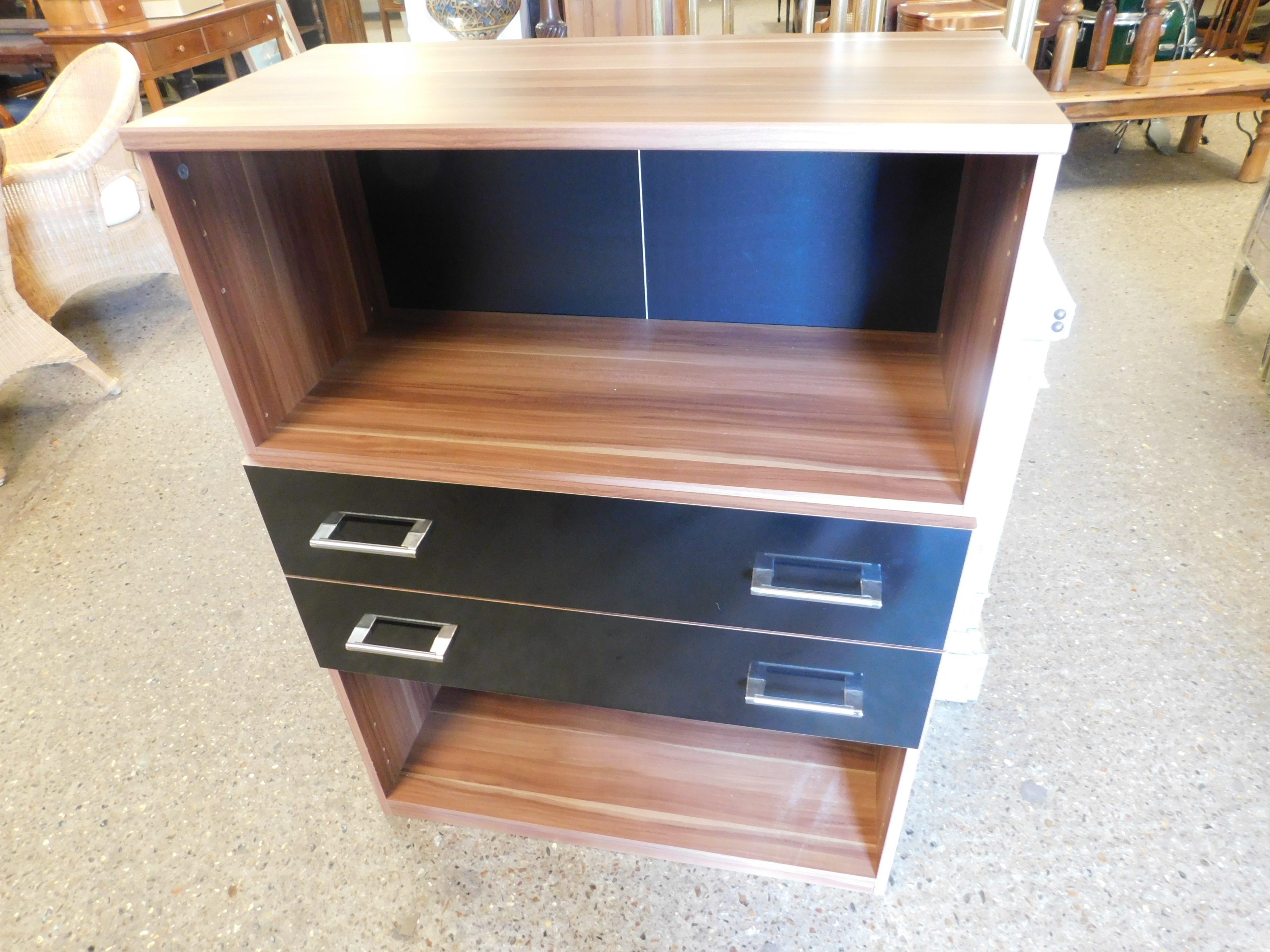 MELAMINE FRONTED BOOKCASE FITTED WITH TWO FULL WIDTH BLACK GLOSS DRAWERS