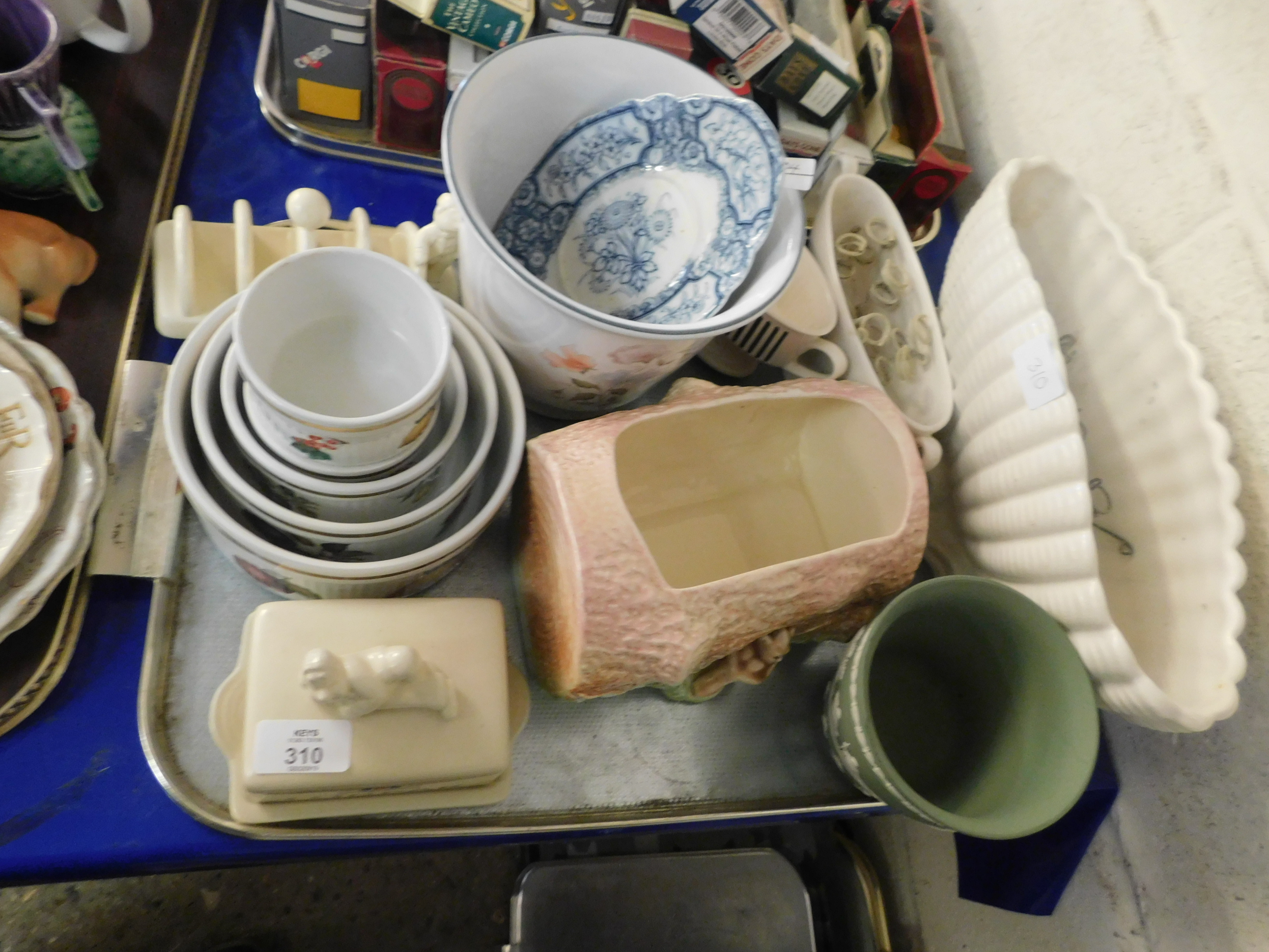 TRAY OF ASSORTED SILVAC LOG FORMED PLANTER, LURPAK BUTTER DISH, TOAST RACK ETC