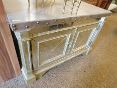 METAL TOPPED MIRRORED SIDEBOARD FITTED WITH TWO CUPBOARD DOORS