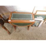REPRODUCTION SMALL PROPORTIONED YEW WOOD DROP LEAF TABLE WITH LEATHER INSERT
