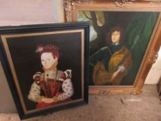 REPRODUCTION OIL ON CANVAS OF A PORTRAIT OF A TUDOR WOMAN IN AN EBONISED FRAME, TOGETHER WITH A