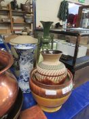 BLUE AND WHITE WAISTED FORM VASE, VICTORIAN TWO HANDLED VASE WITH DECORATIVE SCENES ETC