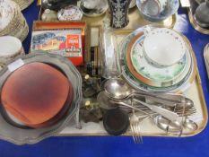TRAY OF MIXED PLATED WARES, ONYX TABLE TOP BOX, GLASS SHIP IN A BOTTLE ETC