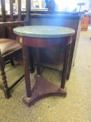 PAIR OF GREEN CIRCULAR MARBLE TOP SIDE TABLES ON THREE TURNED LEGS WITH GILT MOUNTS