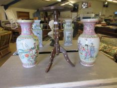 PAIR OF 20TH CENTURY FAMILLE VERT DECORATED VASES WITH PAINTED SCENES