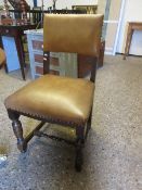 SET OF FOUR BEIGE LEATHER DINING CHAIRS WITH TURNED FRONT LEGS