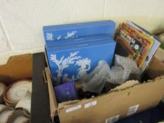 BOX OF WEDGWOOD COLLECTOR'S PLATES, DIE-CAST TOYS, COMICS ETC