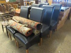 SET OF SIX L-SHAPED BROWN LEATHERETTE UPHOLSTERED DINING CHAIRS ON OAK FRONT LEGS