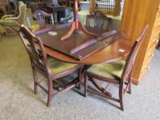 REPRO MAHOGANY TWIN PEDESTAL DINING TABLE WITH TWO EXTRA LEAVES TOGETHER WITH A SET OF FOUR SHIELD