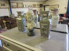 PAIR OF 20TH CENTURY FAMILLE VERT SQUARE FORMED VASES WITH PAINTED PANELS AND SIDE HANDLES