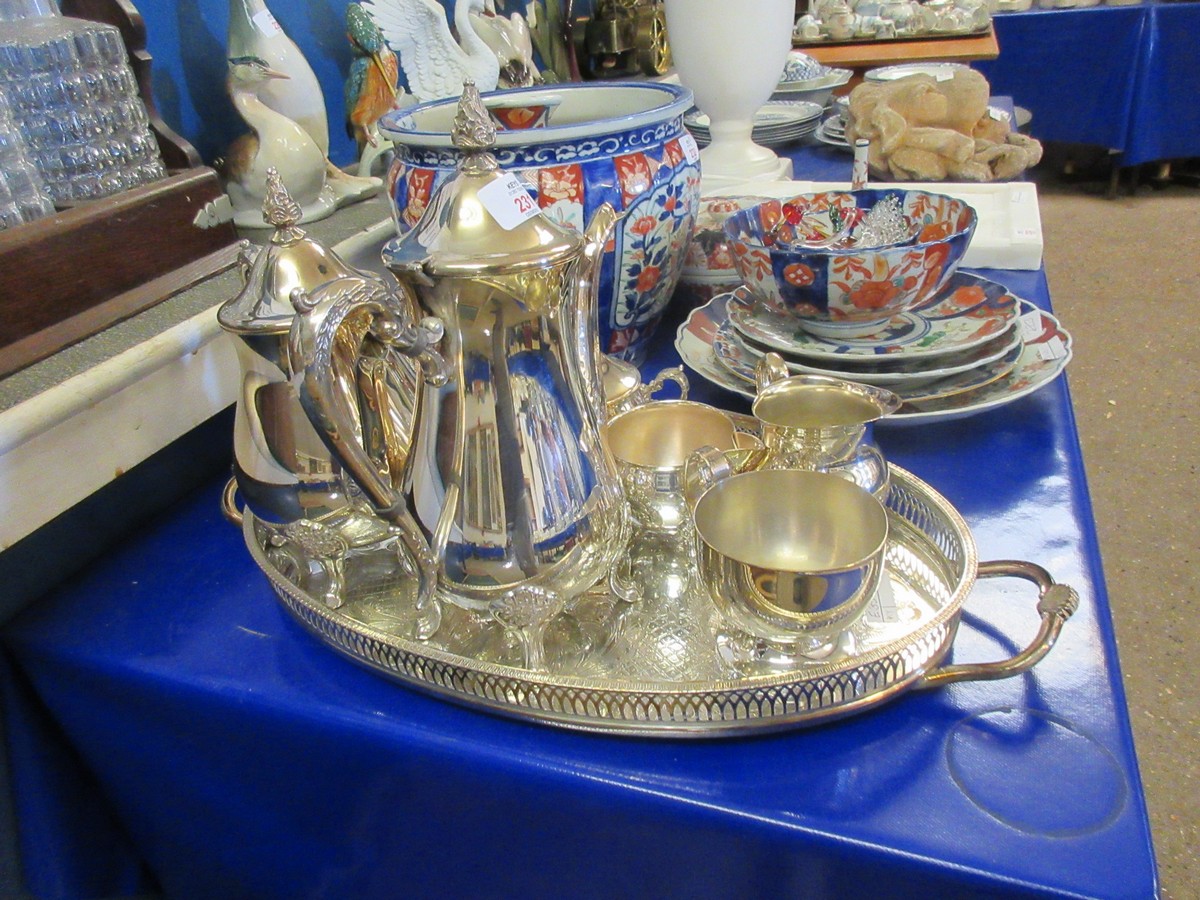 SILVER PLATED GALLERY FORMED TWO-HANDLED TRAY TOGETHER WITH A FOUR PIECE TEA SET ETC