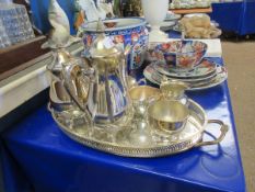 SILVER PLATED GALLERY FORMED TWO-HANDLED TRAY TOGETHER WITH A FOUR PIECE TEA SET ETC