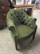 19TH CENTURY MAHOGANY SMALL PROPORTIONED ARMCHAIR WITH GREEN DRALON UPHOLSTERED SEAT AND BUTTON BACK