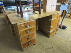 OAK FRAMED TWIN PEDESTAL DESK WITH PLANK TOP, ONE PEDESTAL WITH BRASS CUP HANDLES
