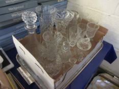 BOX OF MIXED GLASS WARES, VASES, DECANTERS ETC