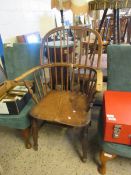 18TH CENTURY ELM HARD SEATED STICK BACK CHAIR WITH SPINDLE SUPPORTS SUPPORTED ON AN H STRETCHER