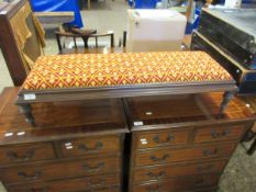 WALNUT FRENCH RECTANGULAR SQUAT FORMED STOOL WITH FLEUR DE LYS EMBROIDERED TOP