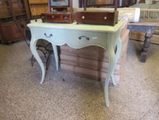 GREEN PAINTED TWO-DRAWER SIDE TABLE WITH SHAPED LEGS AND BRASS SWAN NECK HANDLES