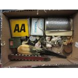 BOX OF HARMONICA, 70S AA BADGE ETC