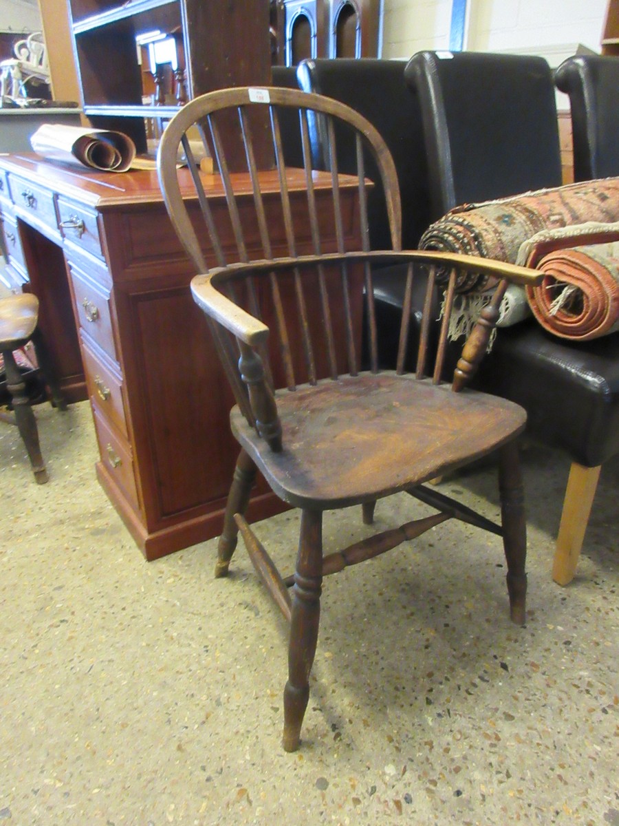 19TH CENTURY ELM HARD SEATED STICK BACK ARMCHAIR ON TURNED LEGS AND AN H STRETCHER