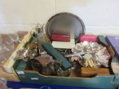 BOX OF SILVER PLATED WARES, PEDESTAL BOWL, SILVER PLATED CLARET JUG, WINE COASTERS, SPILL VASE ETC