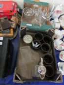 TWO BOXES OF MIXED GLASS WARES, SILVER PLATED SMALL CLARET JUG ETC (2)